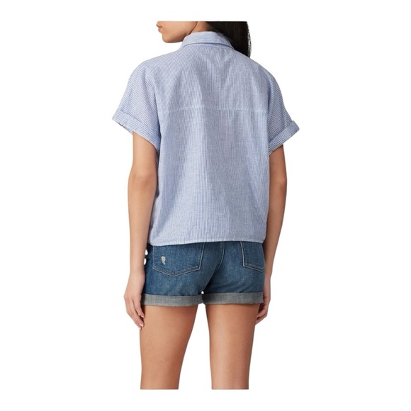 DL1961 Chrystie Street Top Blouse Tie Front Blue White Stripe Linen Blend Size M - Picture 2 of 7